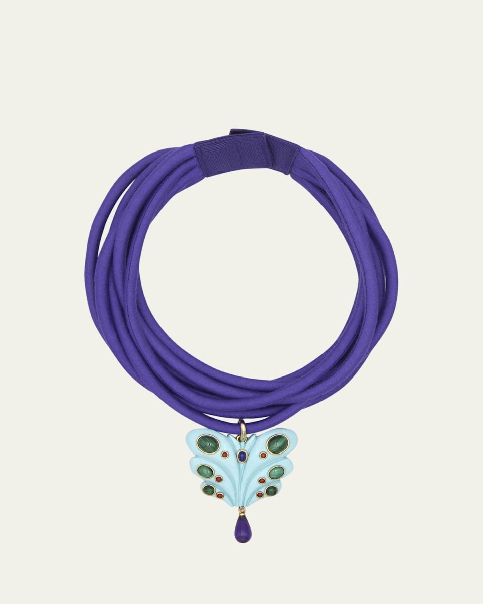 Resin Butterfly Silk Cord Necklace with Malachite, Amethyst and Lapis Lazuli